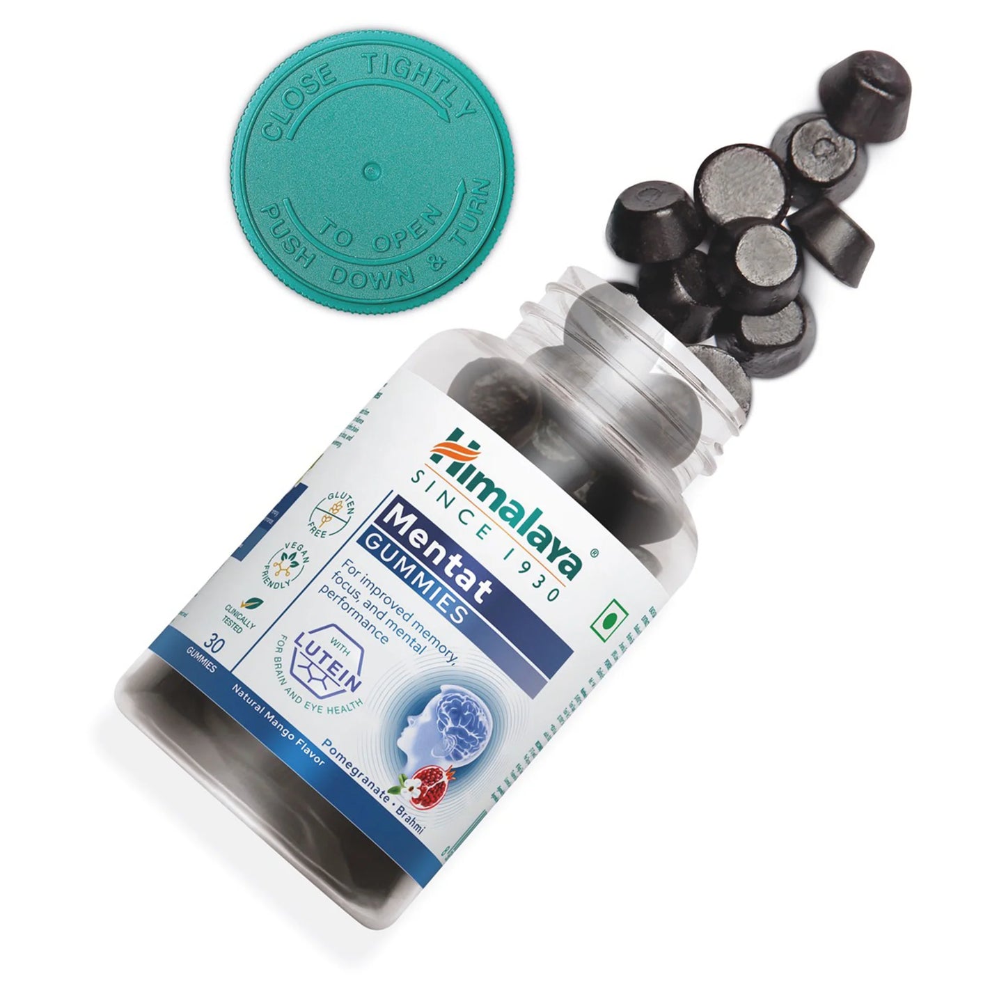 Himalaya Mentat Gummies bottle with gummies spilling out on a white background