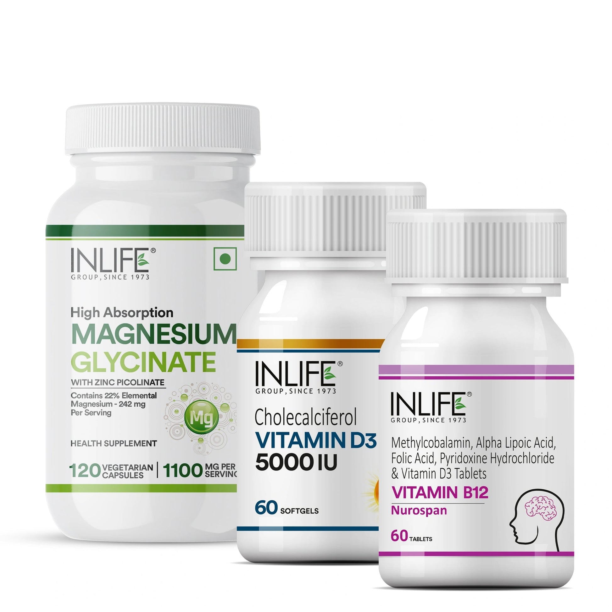 Inlife Vitamin B12, D3 5000 IU & Magnesium Glycinate Combo | Supports Bone & Nerve Health