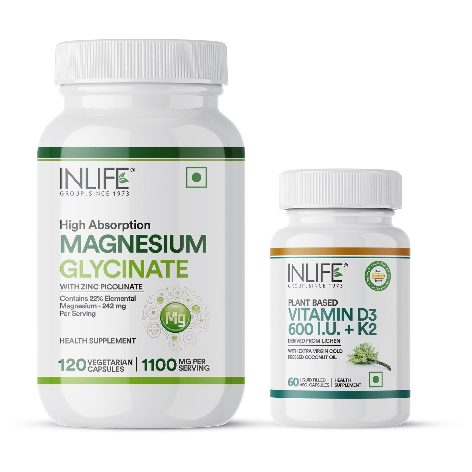Inlife Magnesium Glycinate with Zinc + Inlife Vitamin D3 600 with K2 - MK7 Combo Pack
