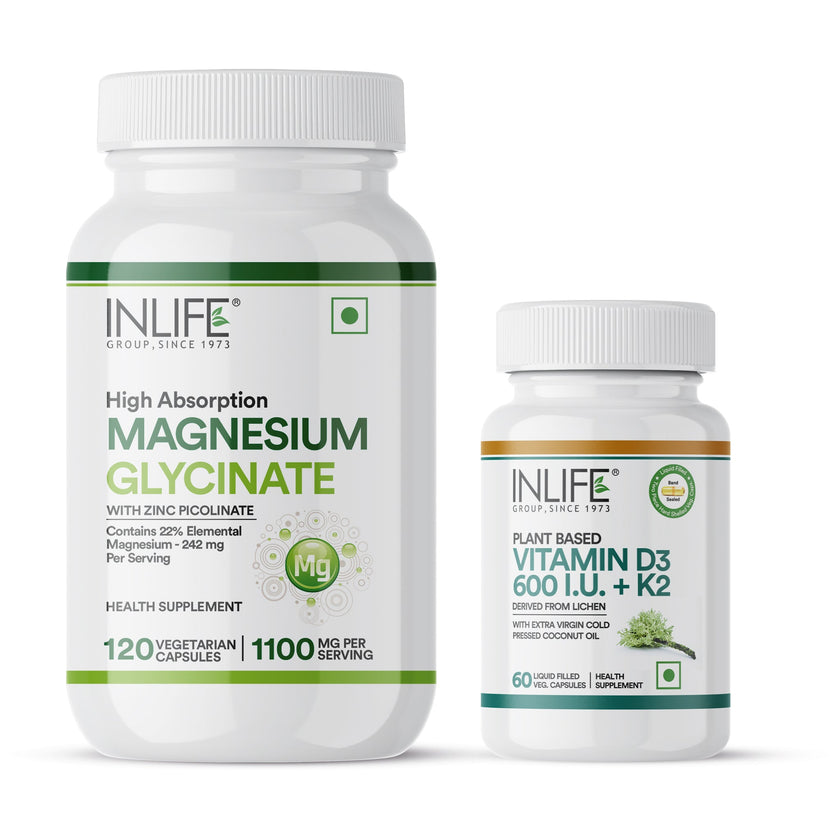 Inlife Magnesium Glycinate with Zinc + Inlife Vitamin D3 600 with K2 - MK7 Combo Pack