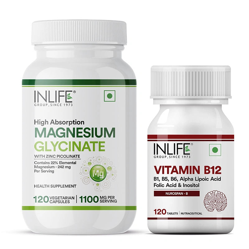 Inlife Vitamin B12 with Alpha Lipoic Acid, Folic Acid & B-Complex + Magnesium Glycinate with Zinc | Vegetarian Combo Pack