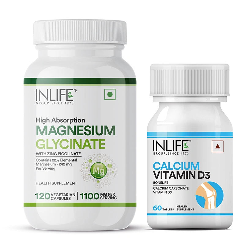 Inlife Magnesium Glycinate with Zinc + Calcium with Vitamin D3 | Vegetarian Combo Pack