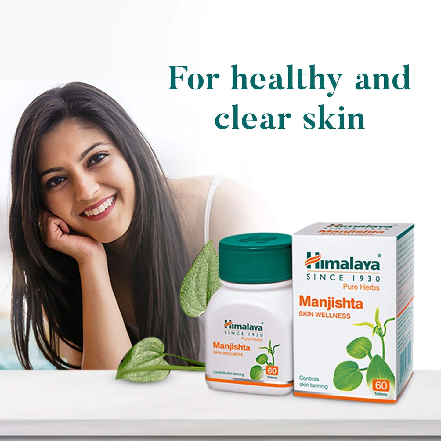 Himalaya Manjishta product with a woman and text for healthy skin on a white background