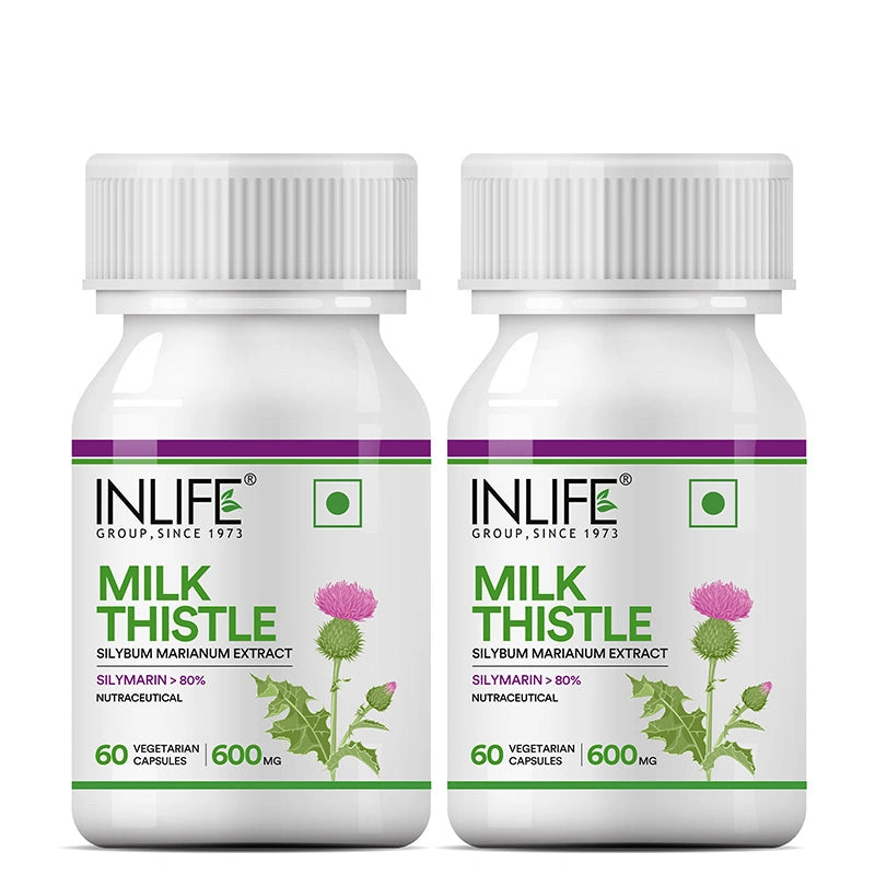 Inlife Milk Thistle Supplement (80% Silymarin) | 600mg | Veg. Capsules - 6