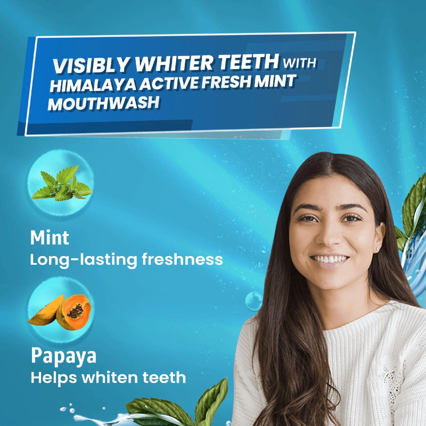 Woman with visible teeth whitening using Himalaya Active Fresh Mint Mouthwash on a blue background.