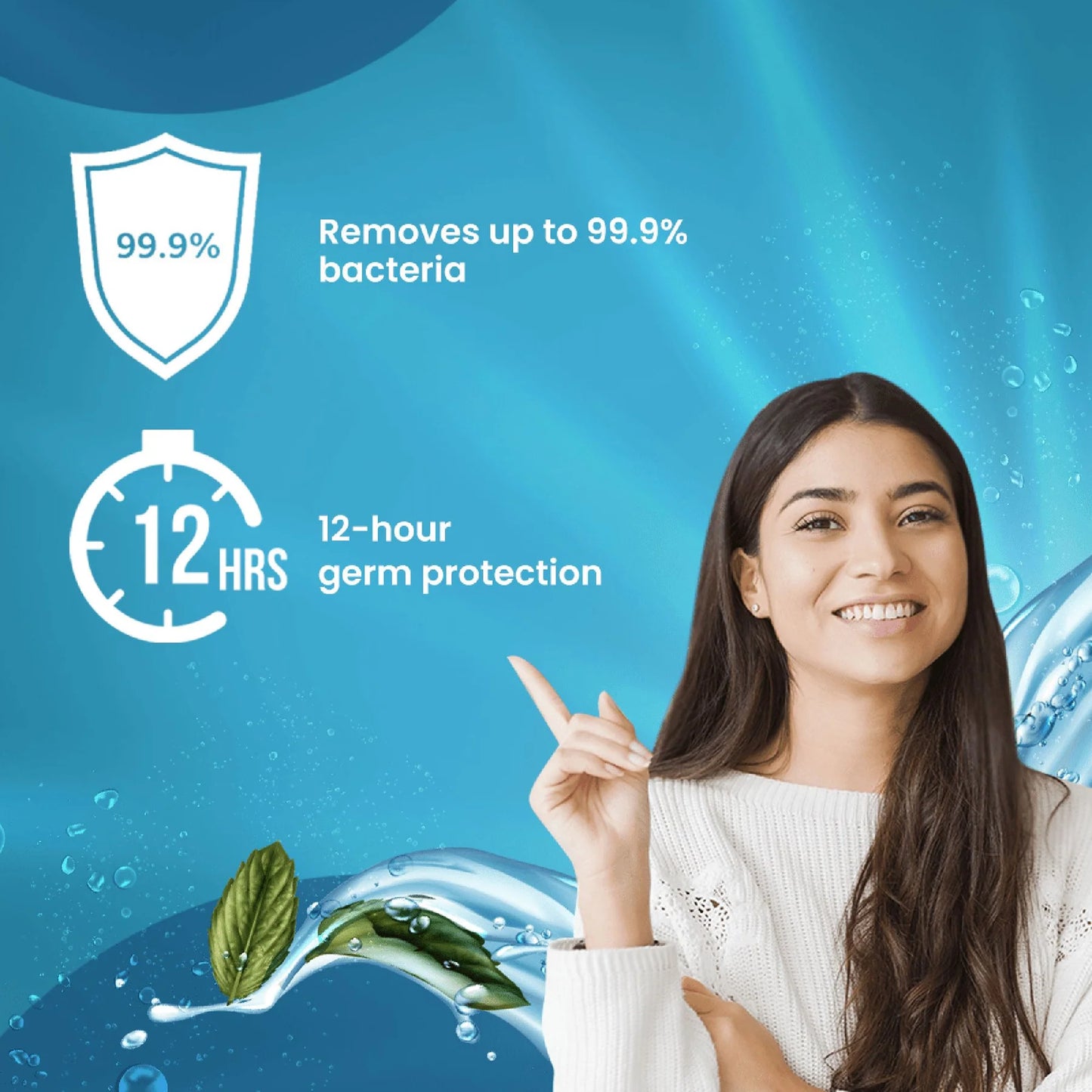 Woman pointing to text about product's germ-fighting properties against a blue background with water and leaf graphics.