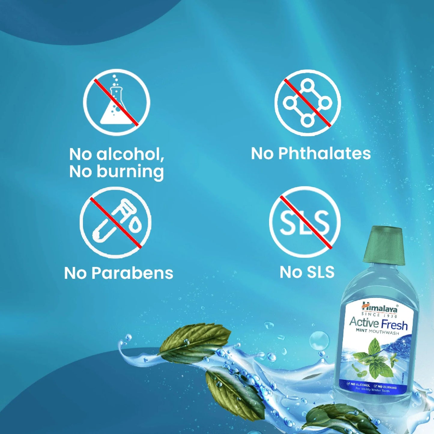 Himalaya Active Fresh mouthwash bottle with ingredient-free icons on a blue background