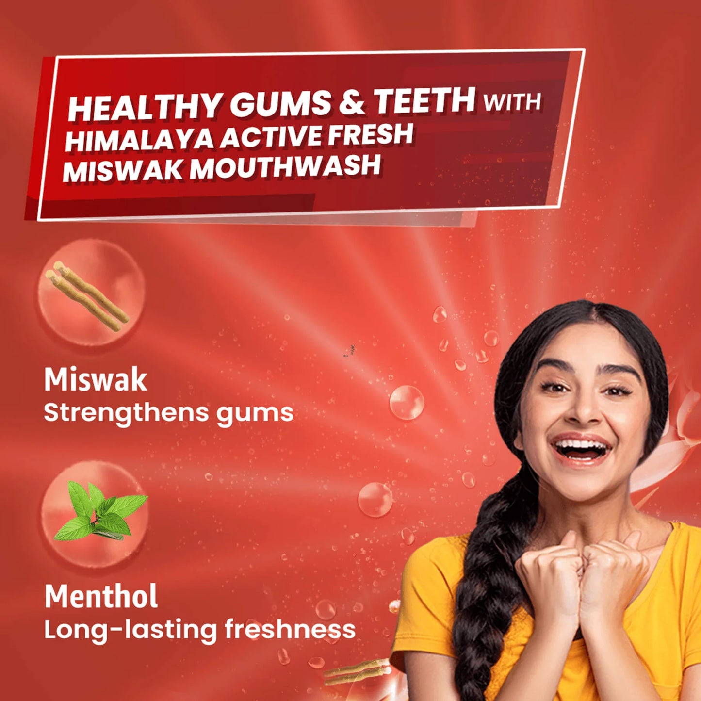 Advertisement for Himalaya Active Fresh Miswak Mouthwash with a woman and product details on a red background.