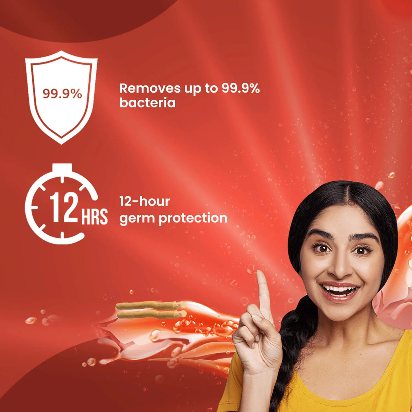 Product advertisement with a woman pointing to text about bacteria removal and germ protection on a red background.