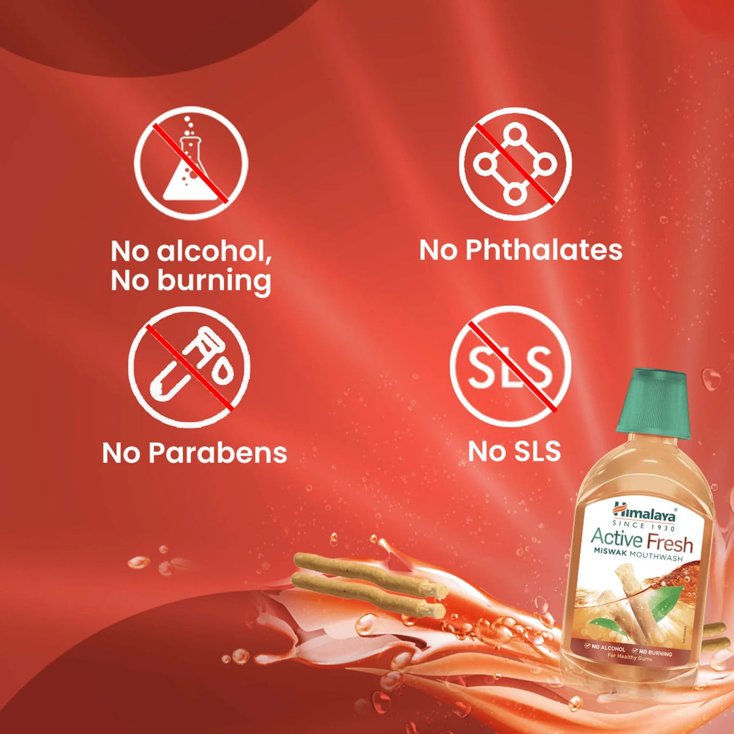 Himalaya Active Fresh bottle with no alcohol, no phthalates, no parabens, and no SLS icons on a red background.