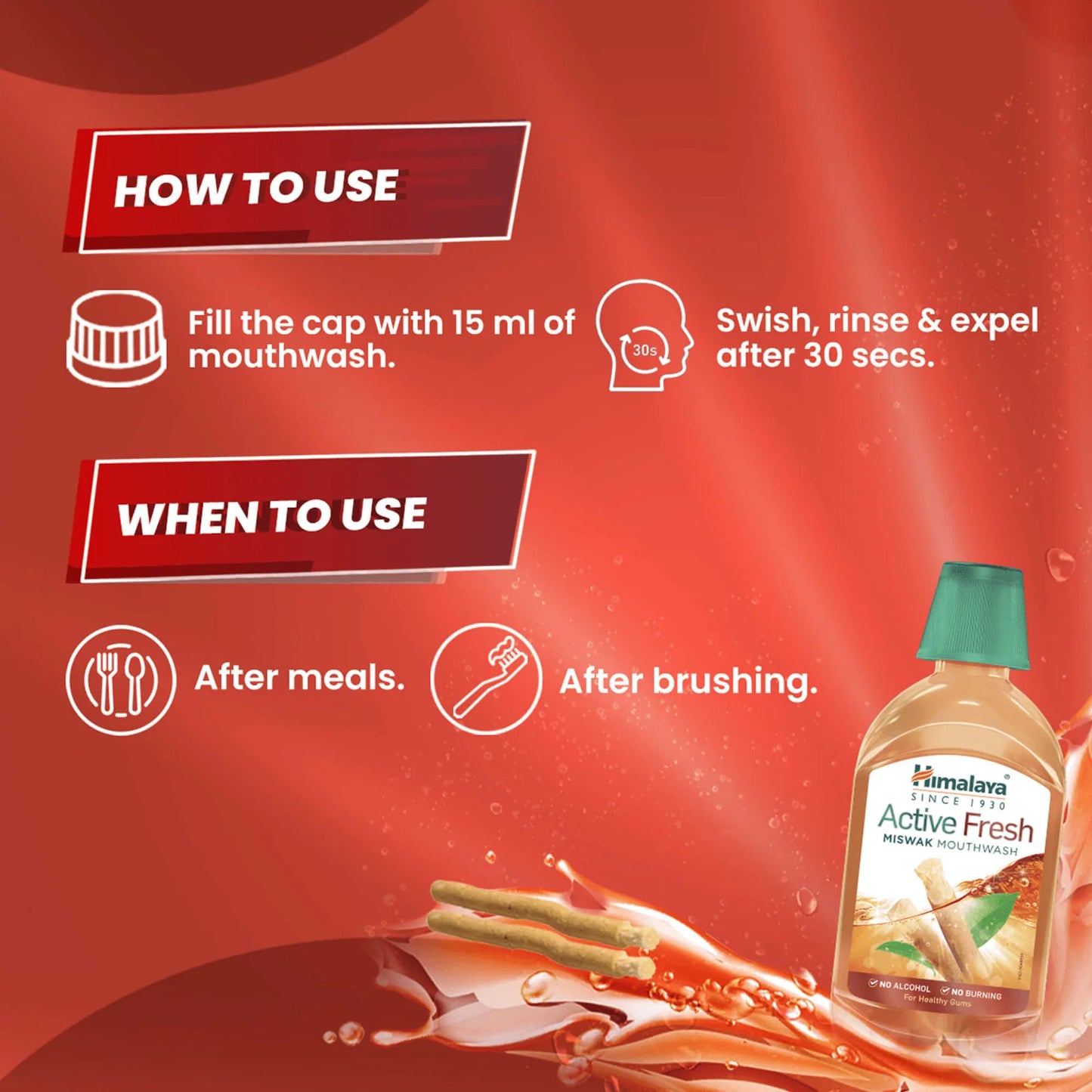 Himalaya Active Fresh mouthwash bottle with usage instructions on a red background