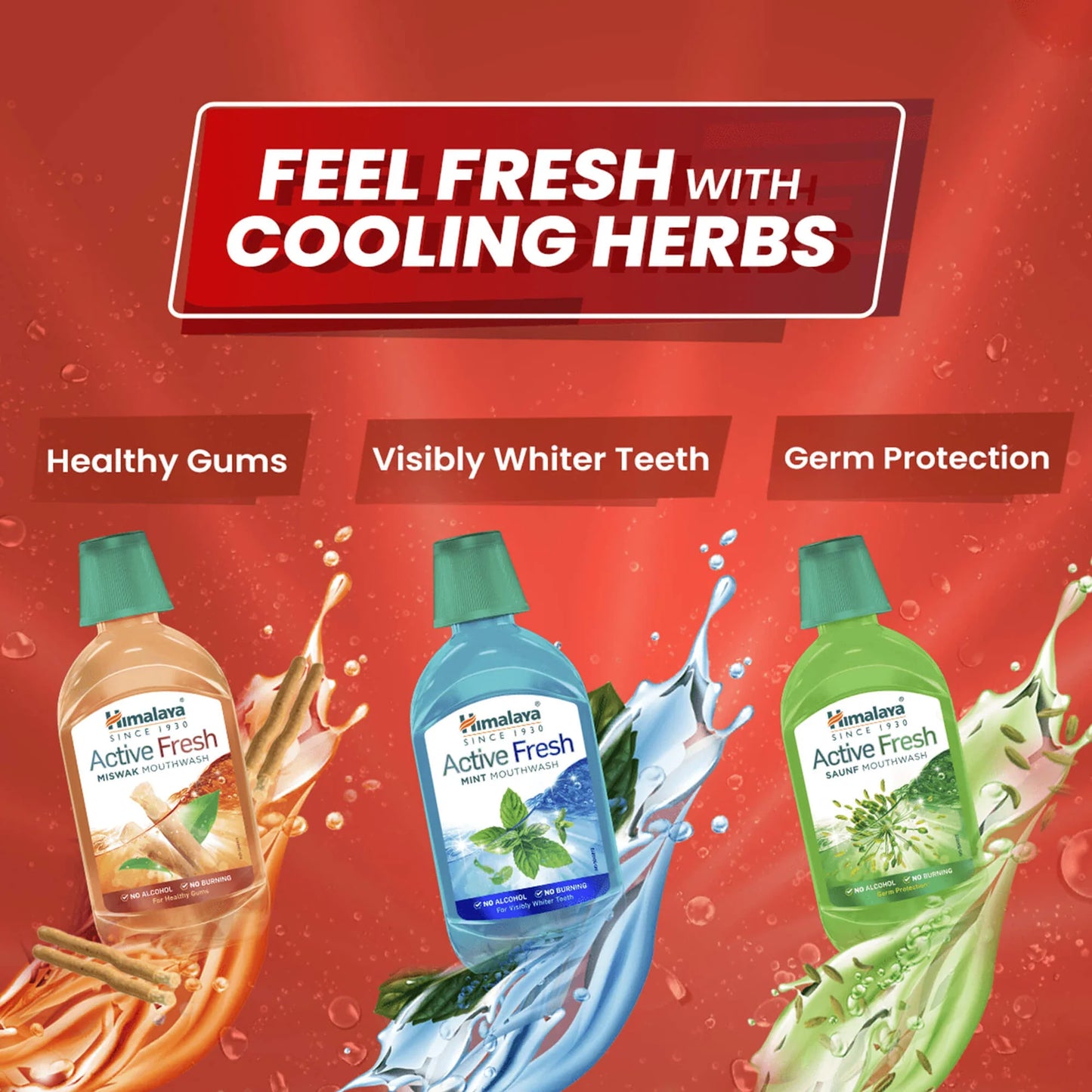 Three bottles of Himalaya Active Fresh mouthwash with text on a red background