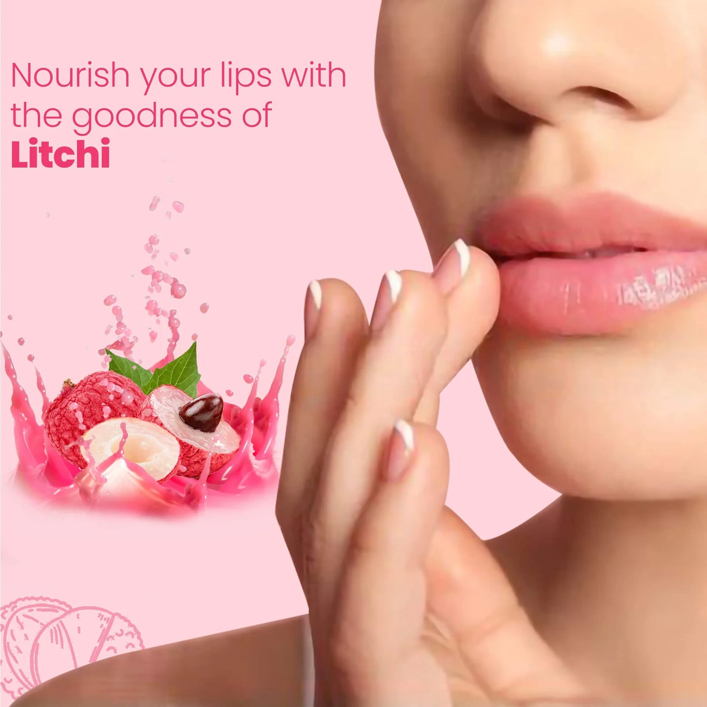 Litchi fruit with pink background and close-up of lips, promoting litchi-nourished lips.