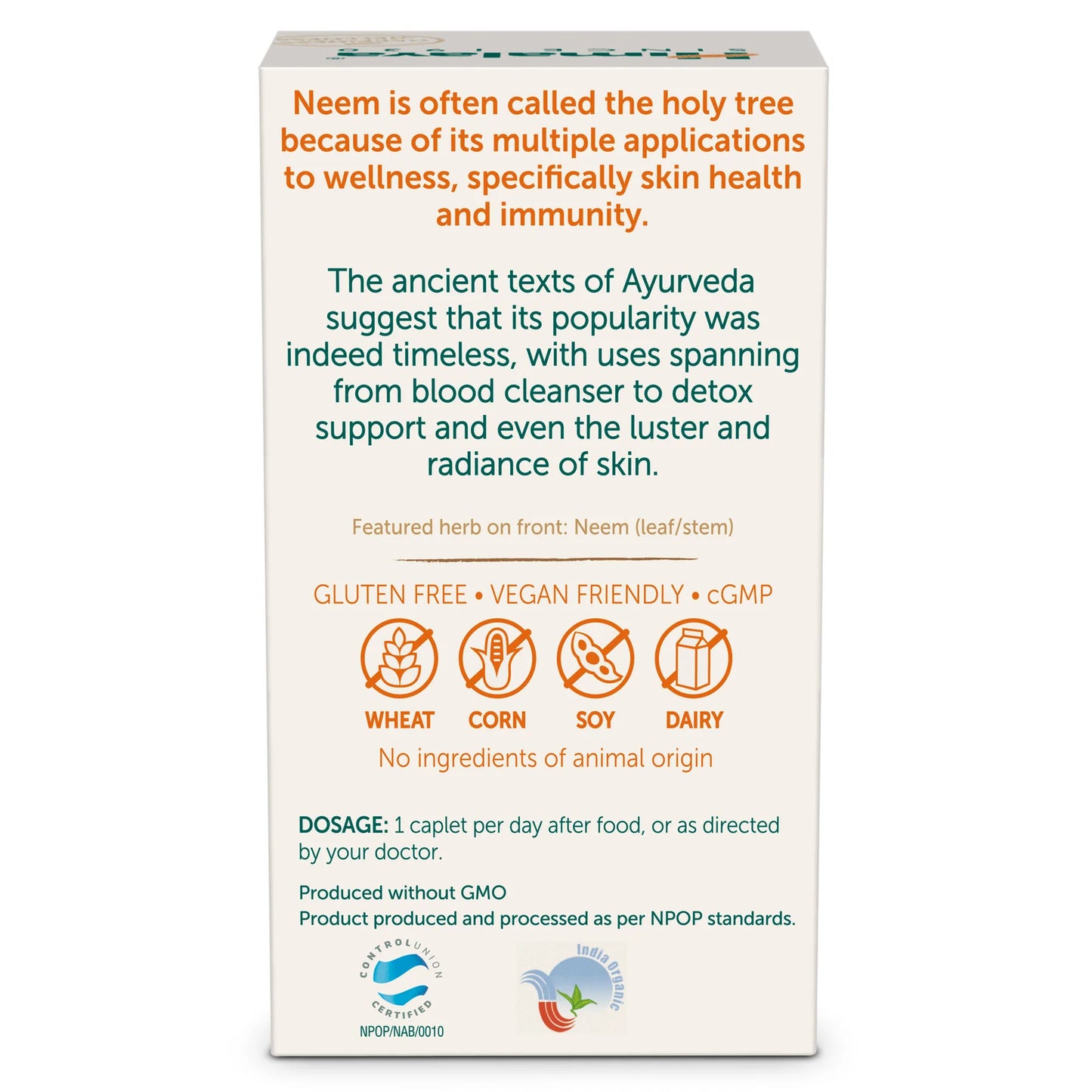 Box of Neem supplements with text and icons on a white background