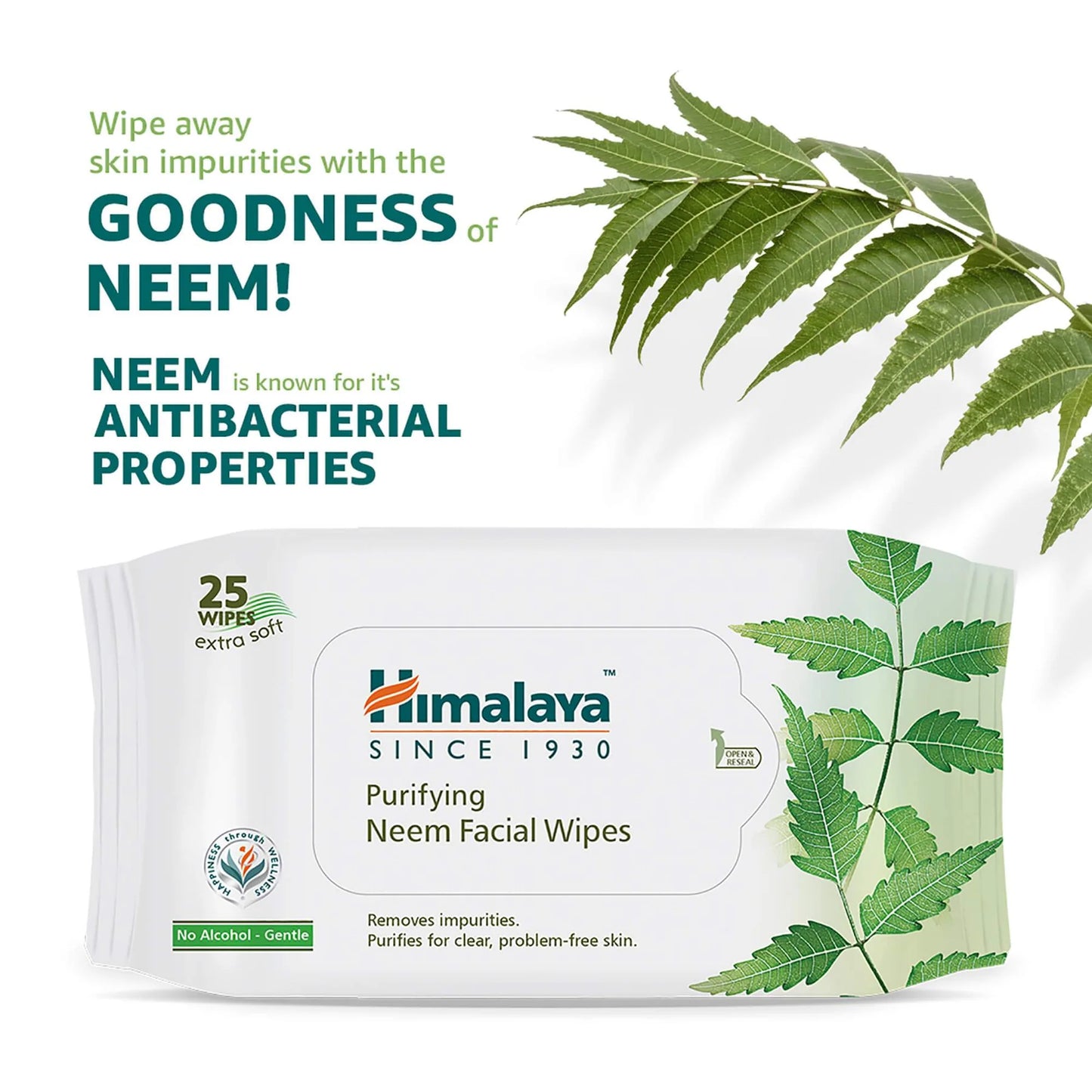 Himalaya Neem facial wipes packaging with neem leaves on a white background