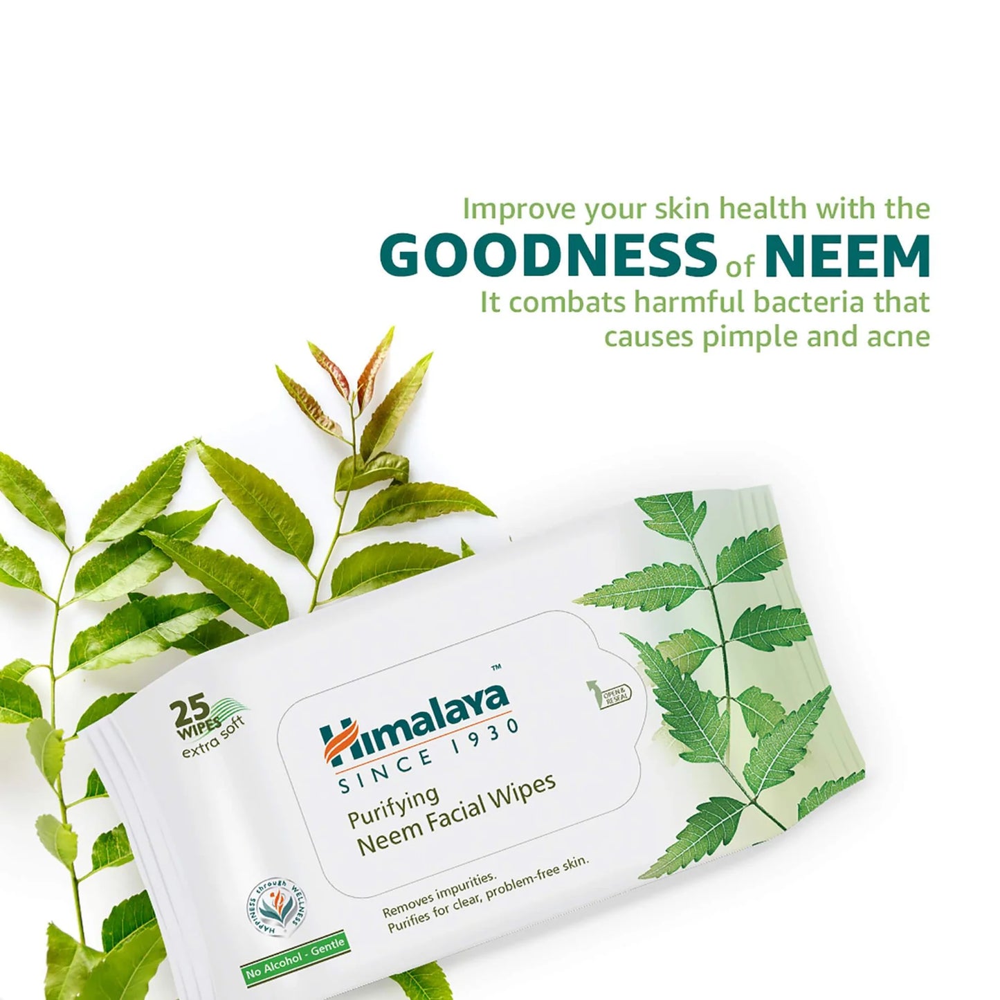 Himalaya Neem facial wipes packaging with neem leaves on a white background