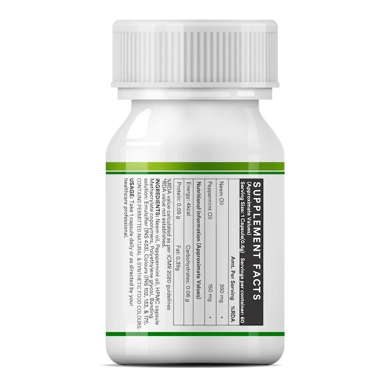 Inlife Neem & Peppermint Oil Capsules | 500mg | Enteric Coated Veg. Capsules - 9