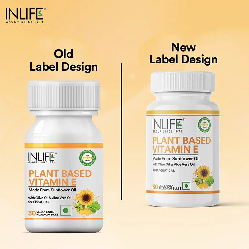 Inlife Plant Based Natural Vitamin E Capsules, Sunflower, Olive & Aloe Vera Oils | 30 Veg. Capsules