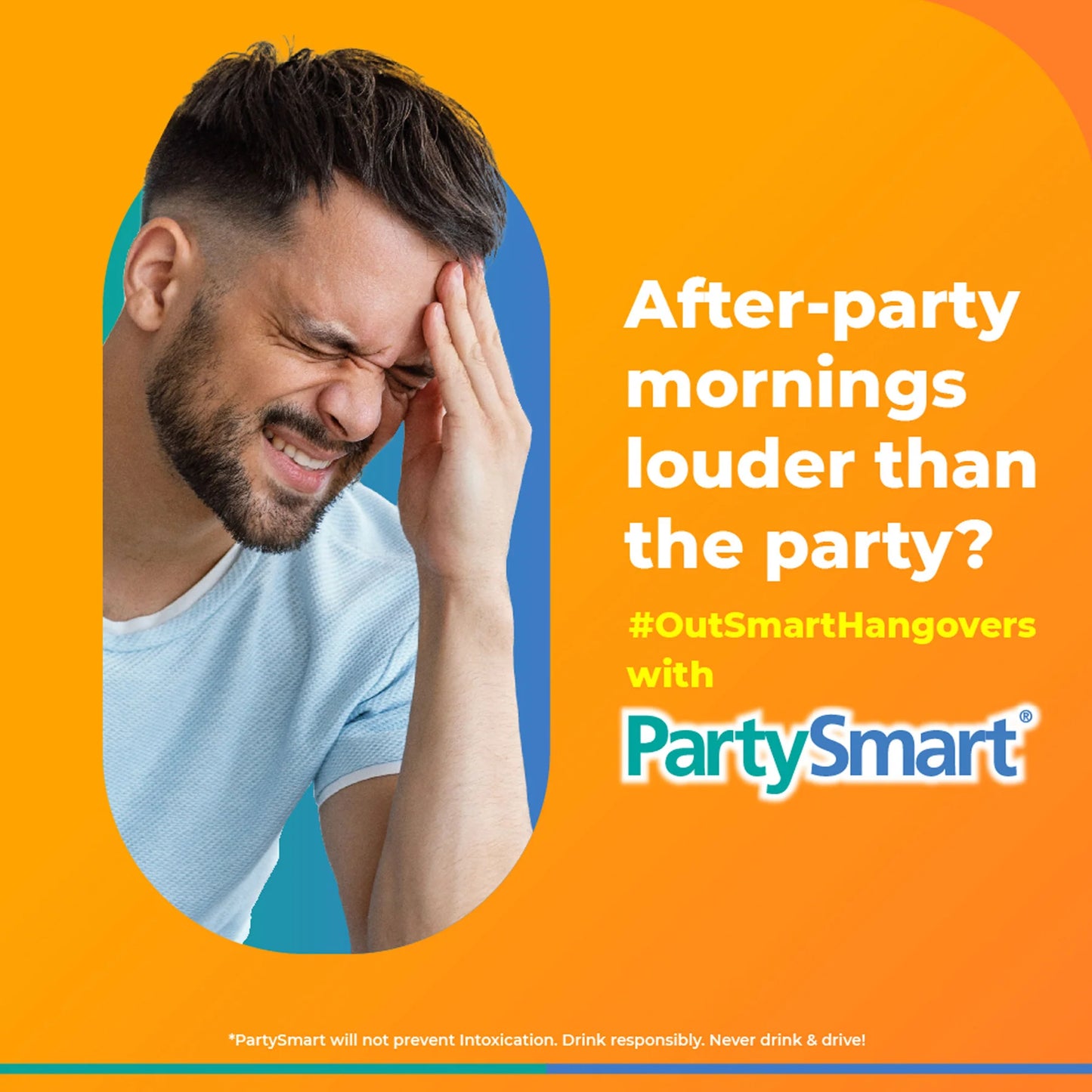 Man with hangover symptoms on an orange background with PartySmart advertisement.