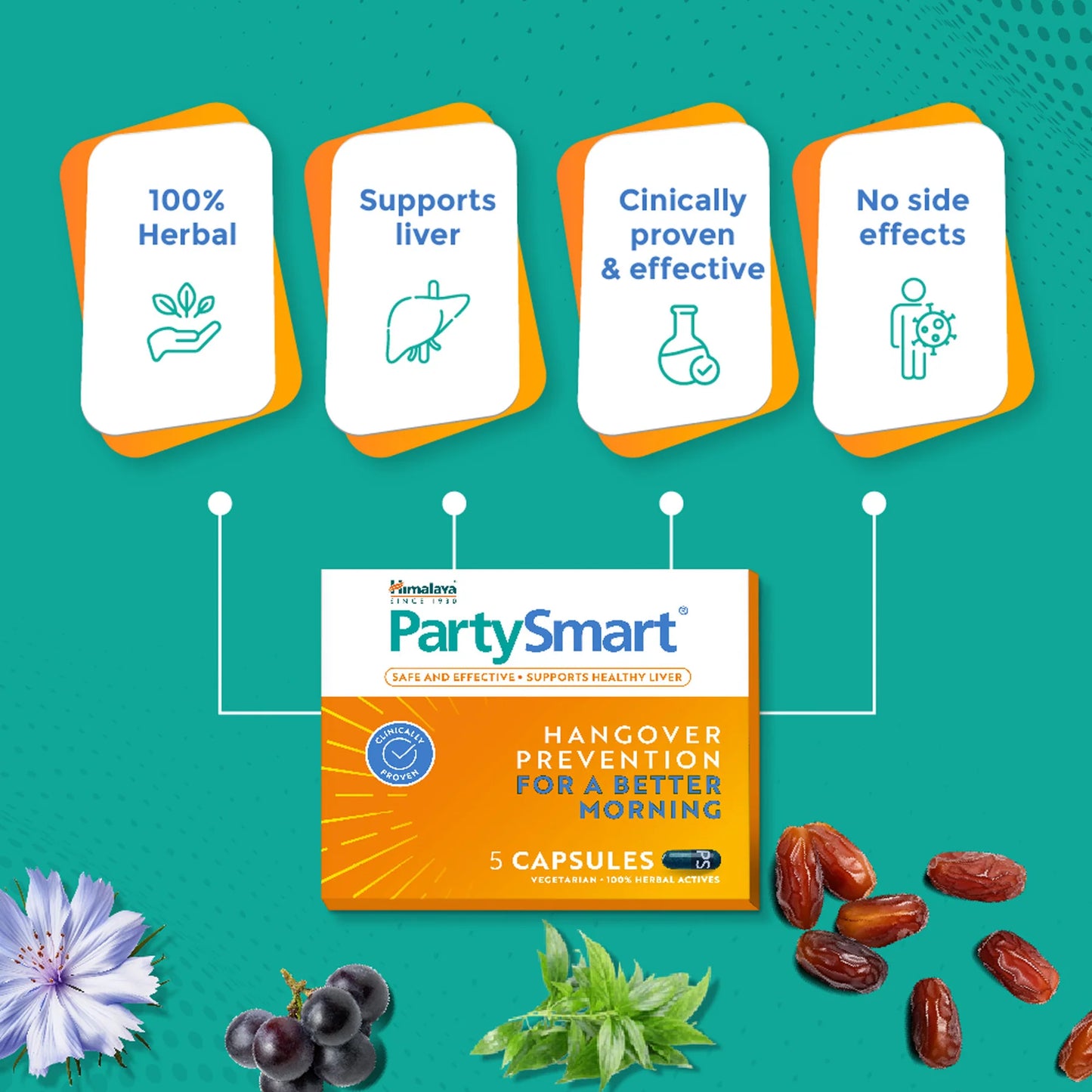 PartySmart hangover prevention capsules with herbs and fruits on a teal background