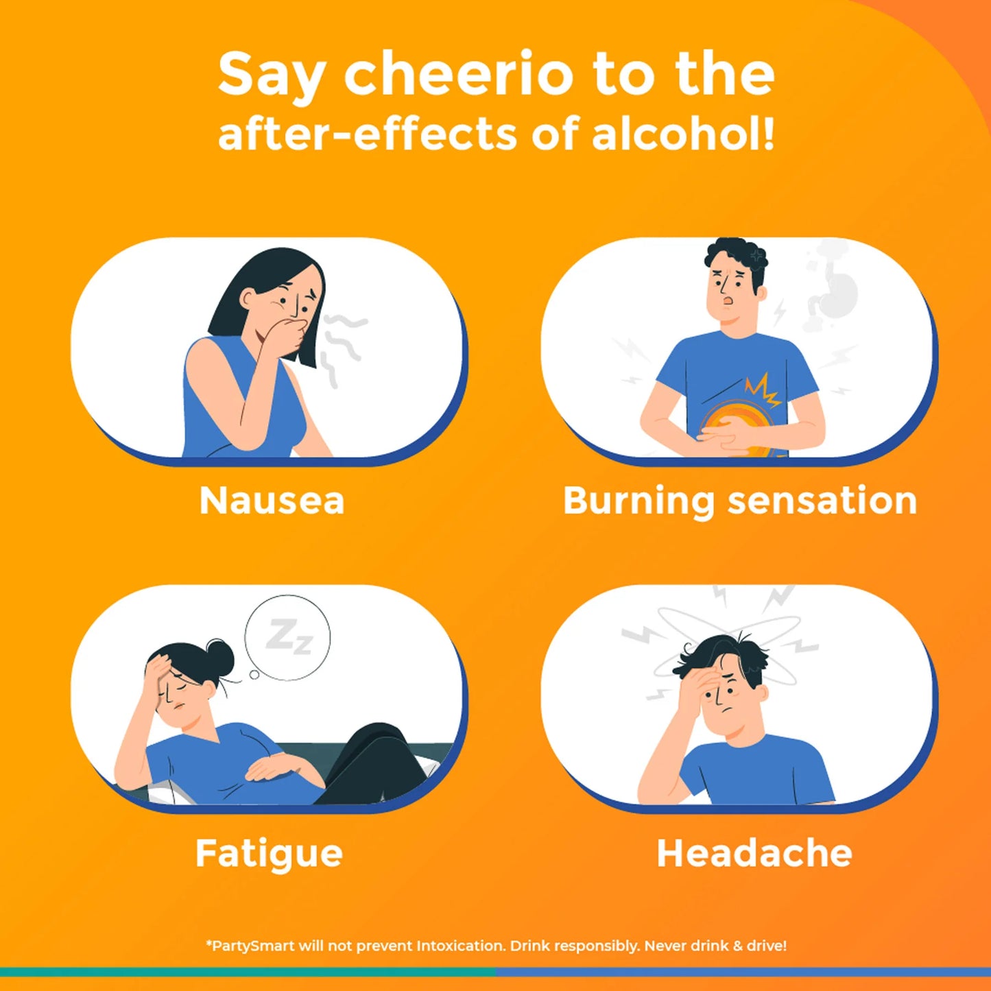Illustrations of people experiencing alcohol-related symptoms with text on an orange background.