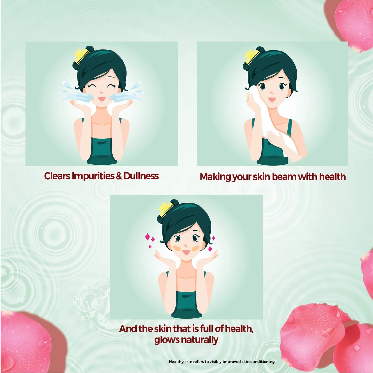 Illustration of a cartoon character with skincare benefits on a light green background with pink elements.