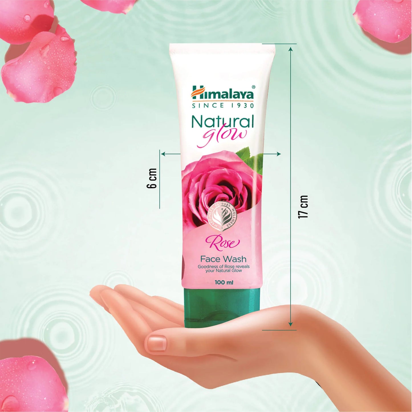 Himalaya Natural Glow Rose Face Wash tube held in a hand with measurement details on a light green background.