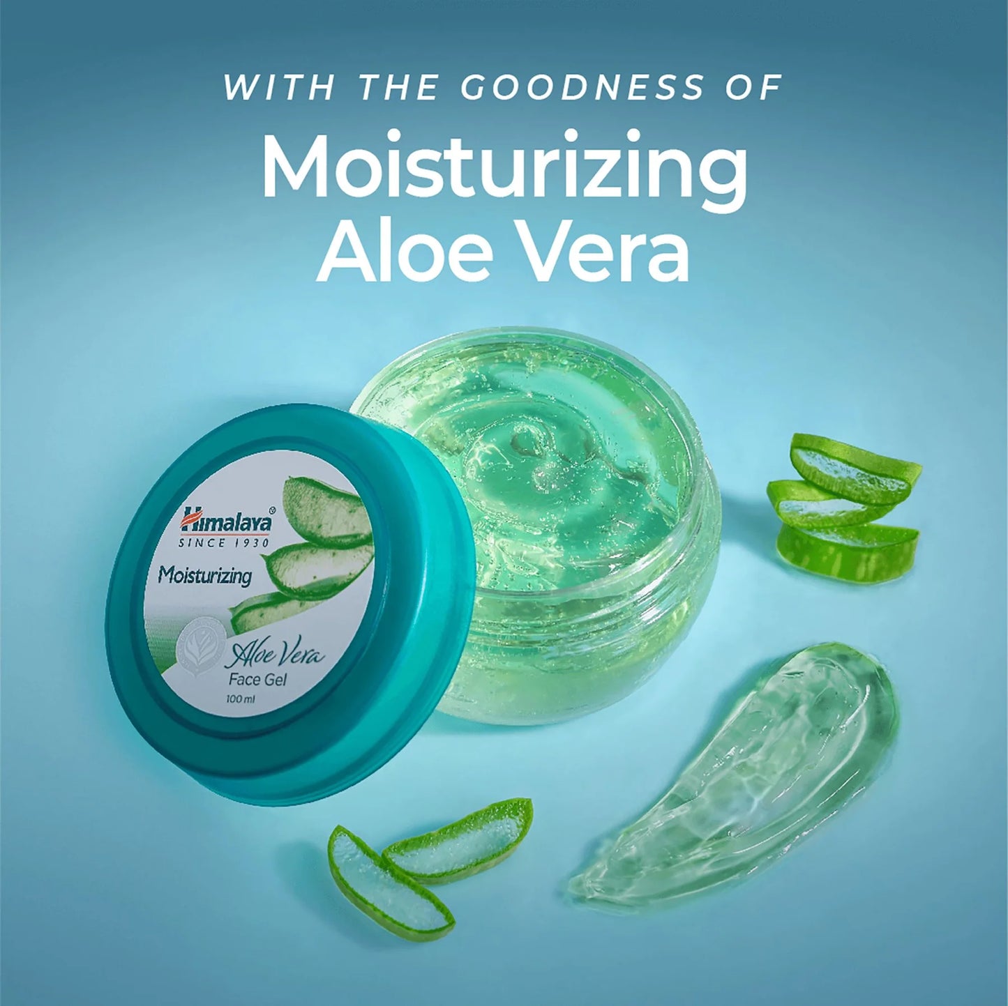 Himalaya Moisturizing Aloe Vera Face Gel with aloe vera slices on a blue background