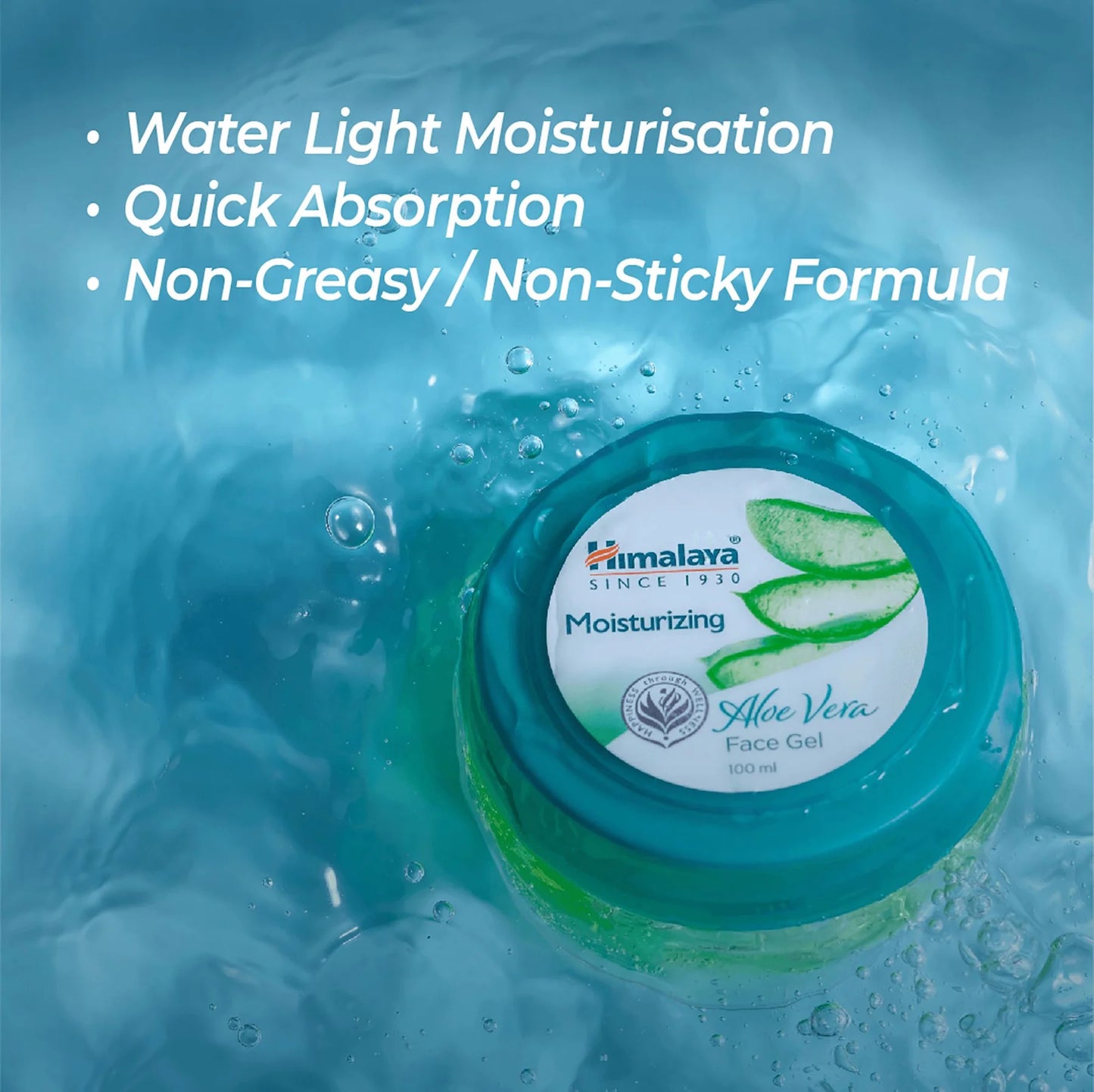 Himalaya Aloe Vera Face Gel jar with water droplets on a blue background