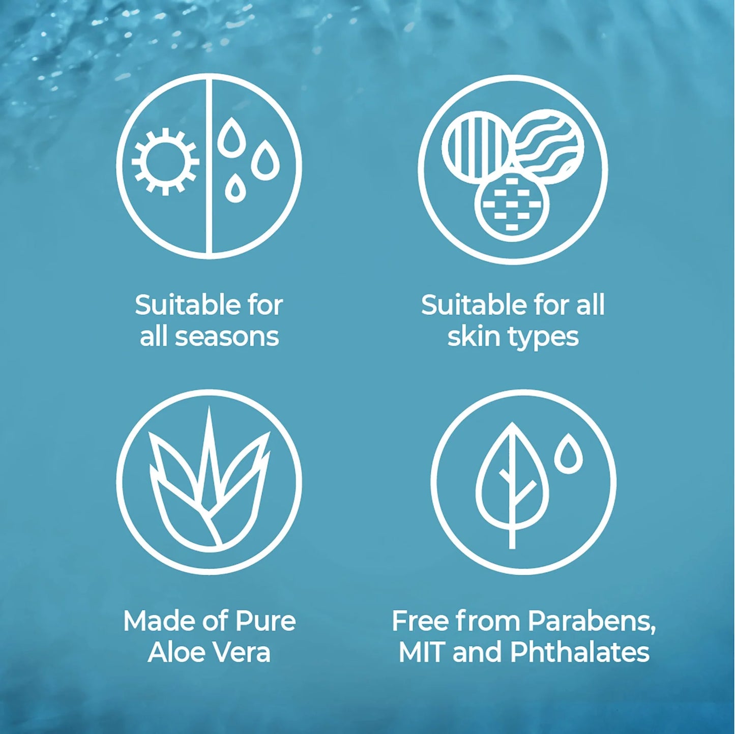 Product features with icons and text on a blue background