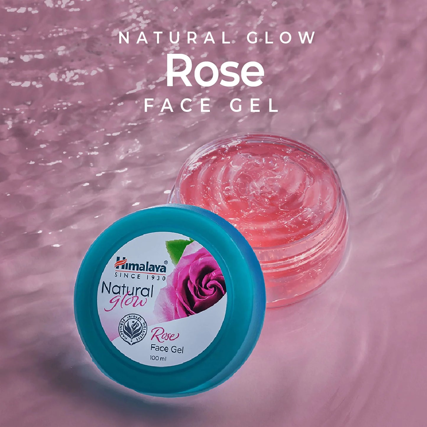 Himalaya Natural Glow Rose Face Gel with pink gel and blue container on a pink water background