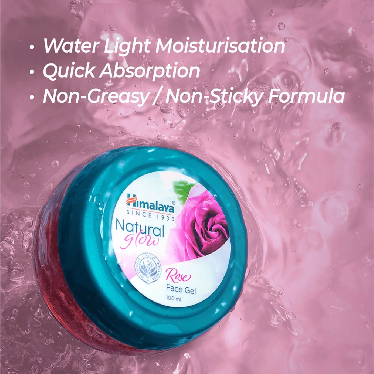 Himalaya Natural Glow Rose Face Gel jar with water droplets on a pink background