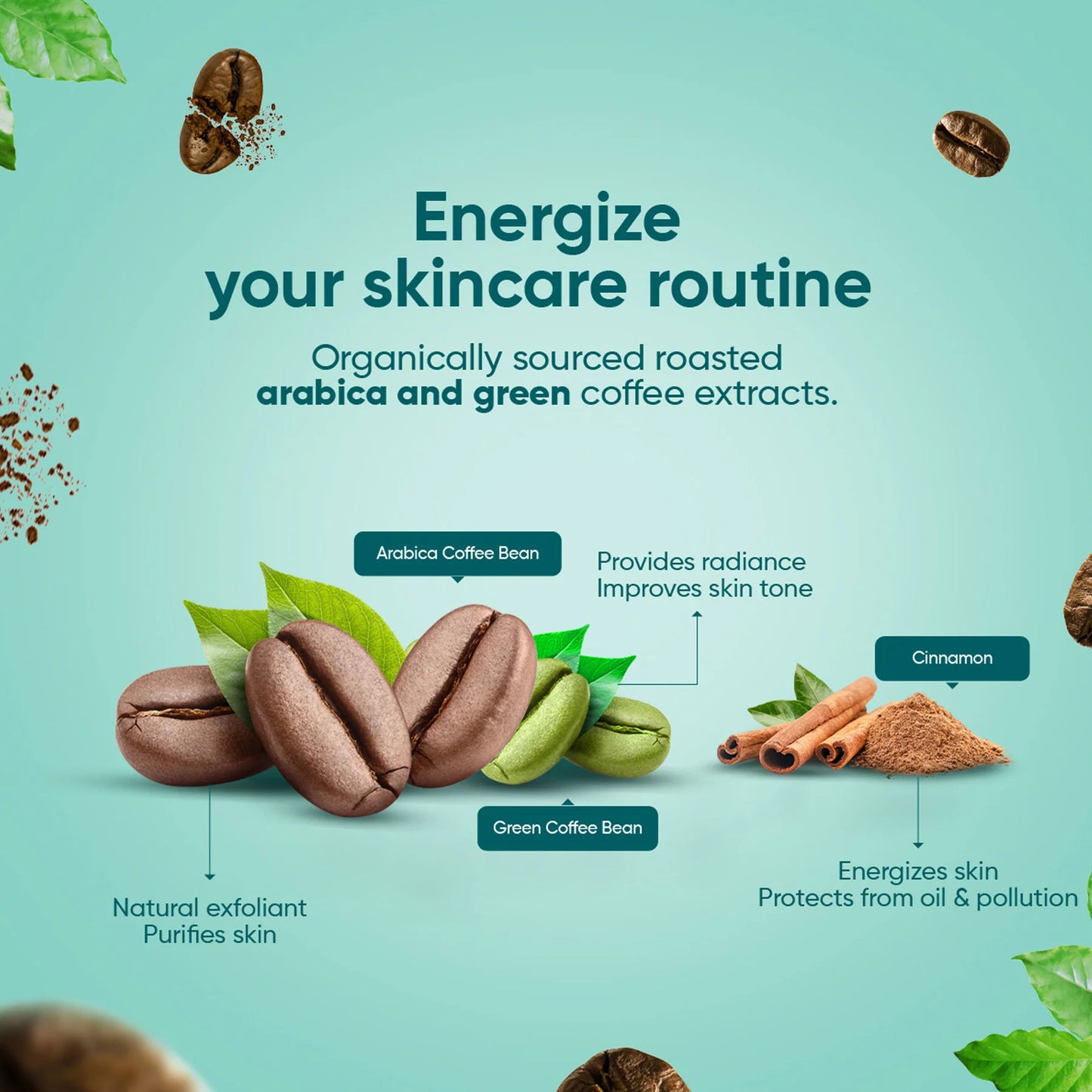 Coffee bean and cinnamon extract with text on a light blue background