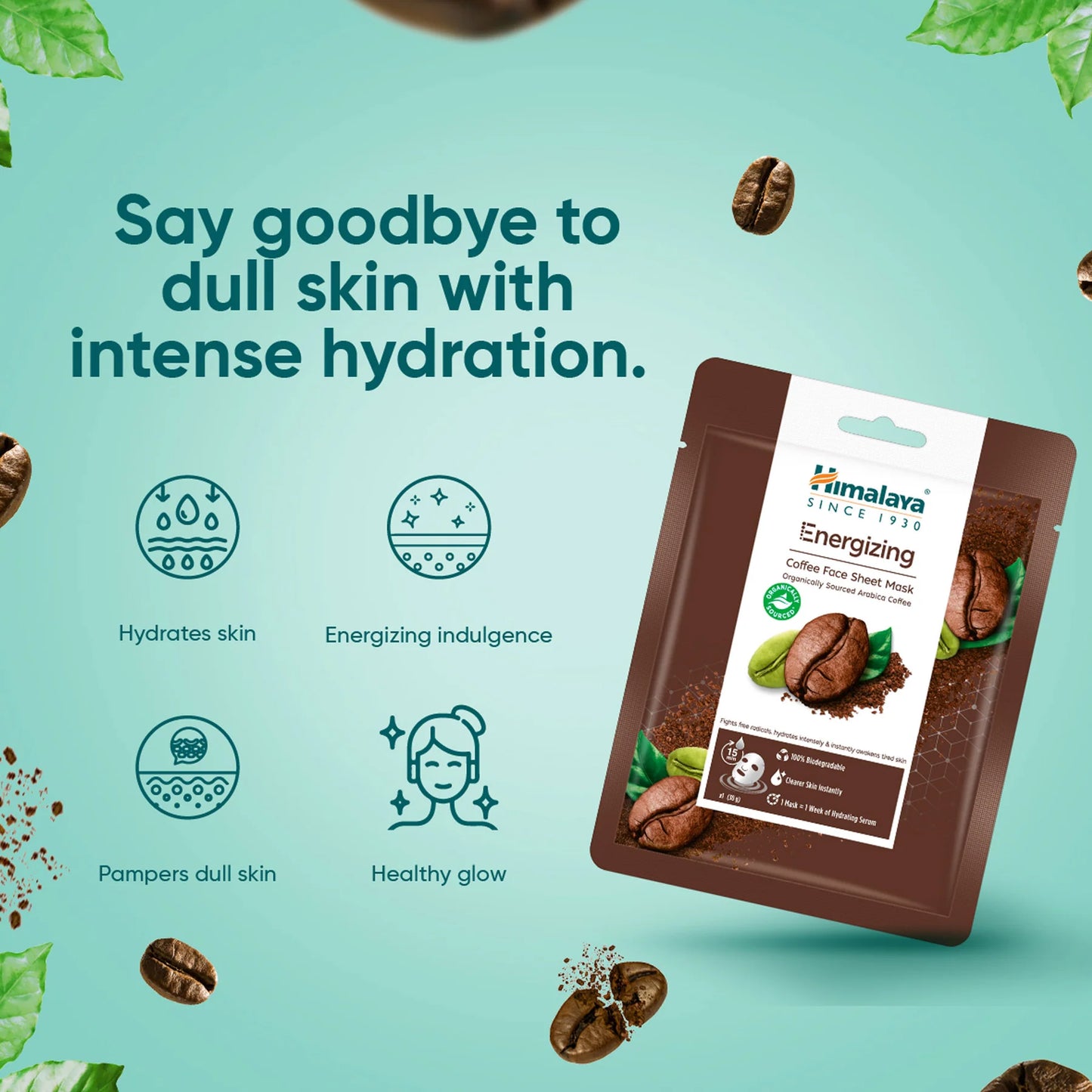 Himalaya Skincare Energizing Coffee Face Pack on a teal background with product details.