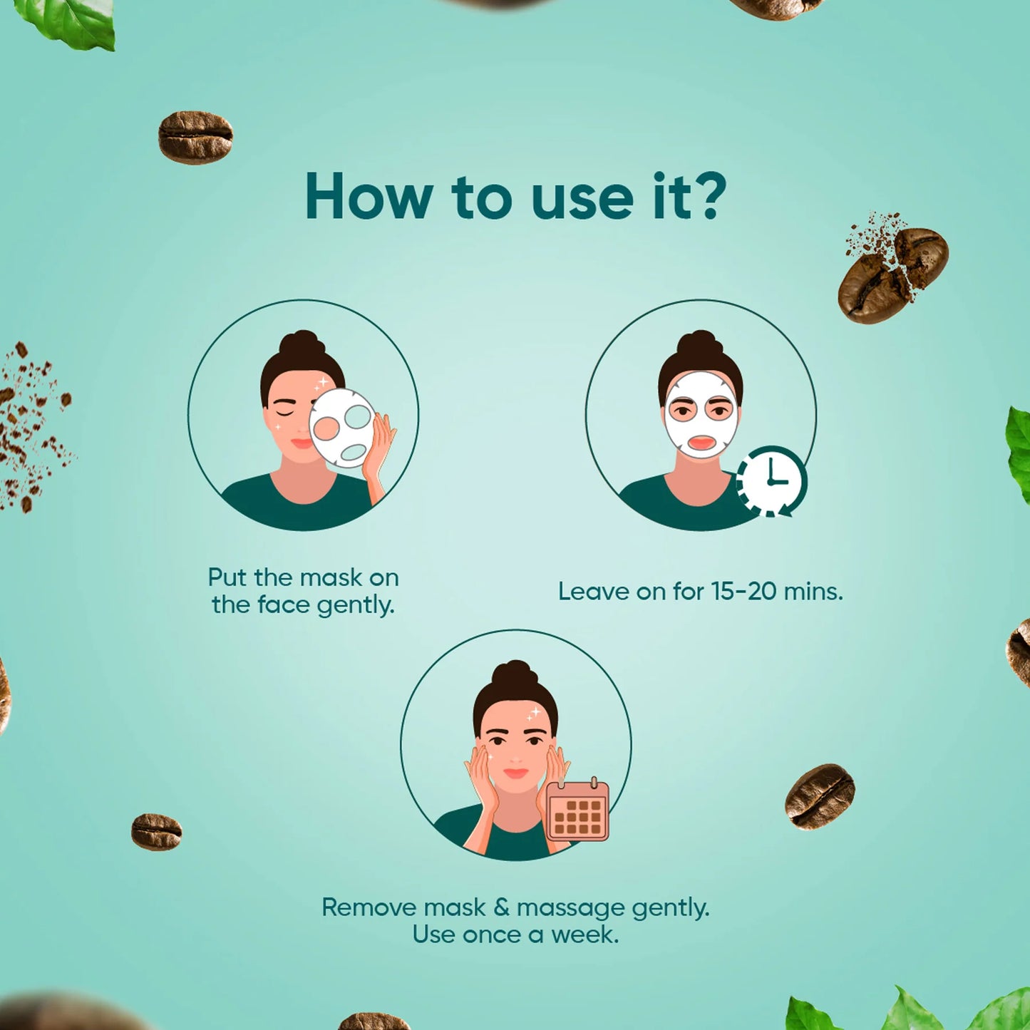 Instructions on how to use a face mask with illustrations and text on a light blue background.