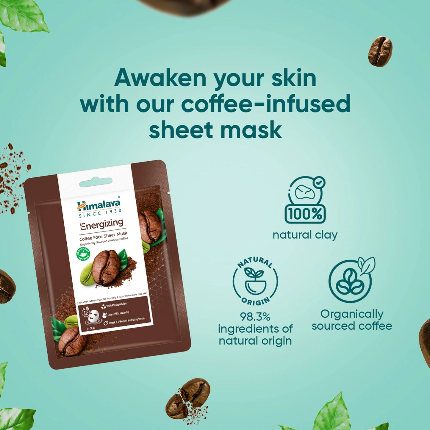 Himalaya coffee-infused sheet mask packaging with product details on a teal background