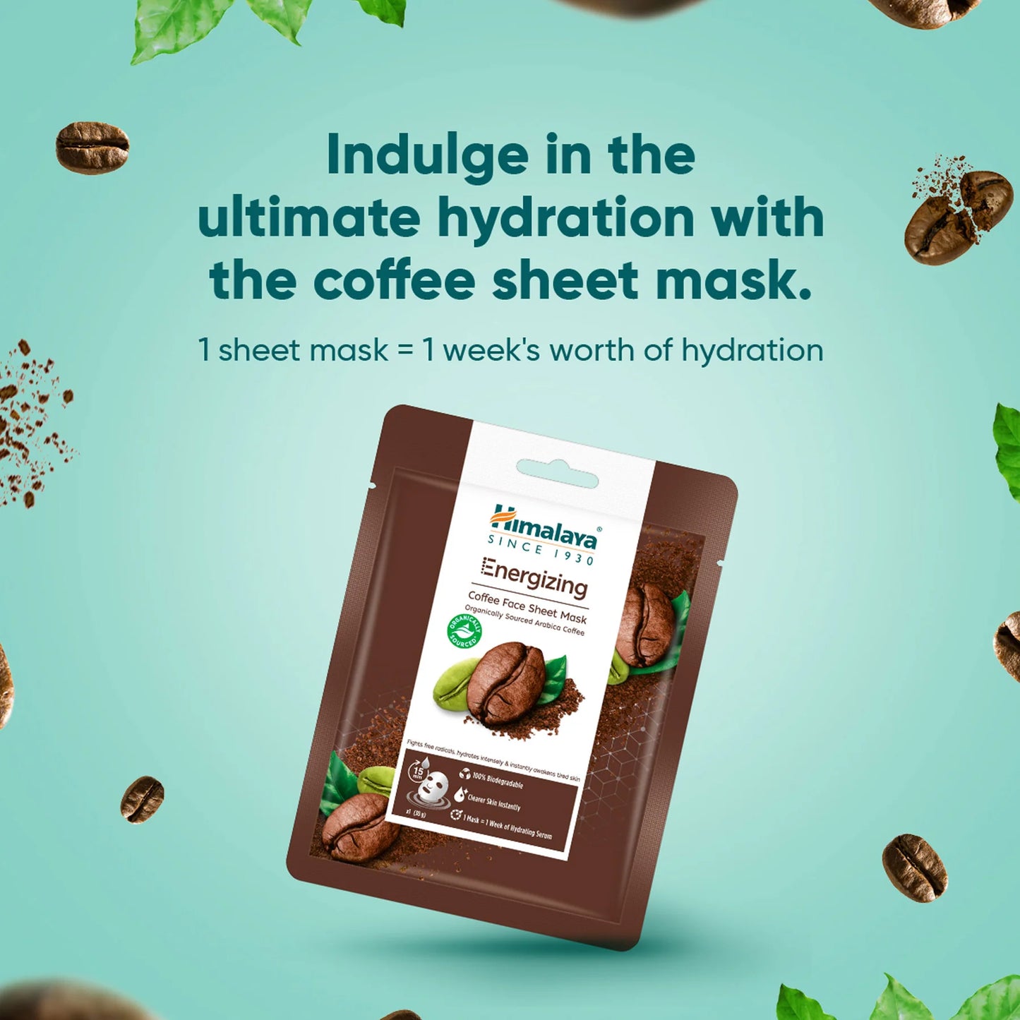 Himalaya Energizing Coffee Face Sheet Mask packaging on a light blue background with coffee beans and leaves.