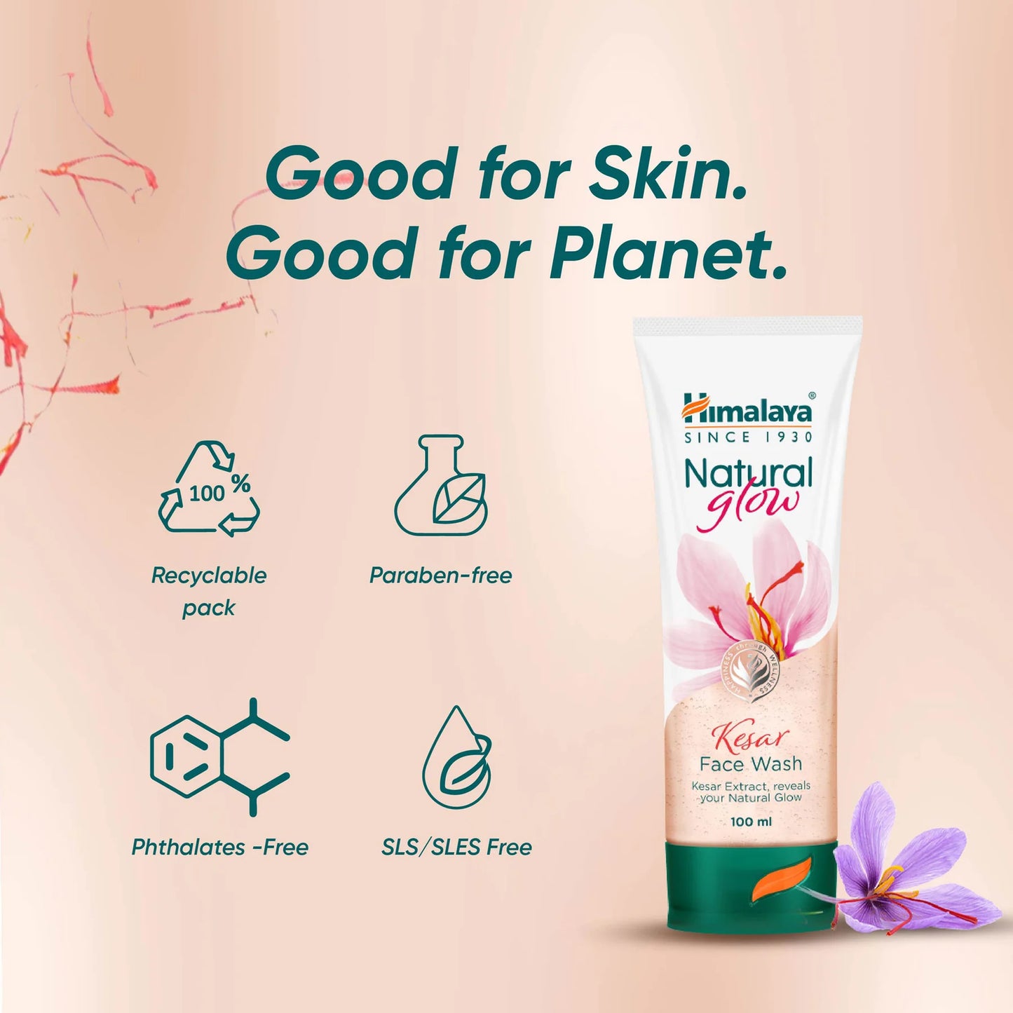 Himalaya Natural Glow face wash tube with sustainability icons on a beige background