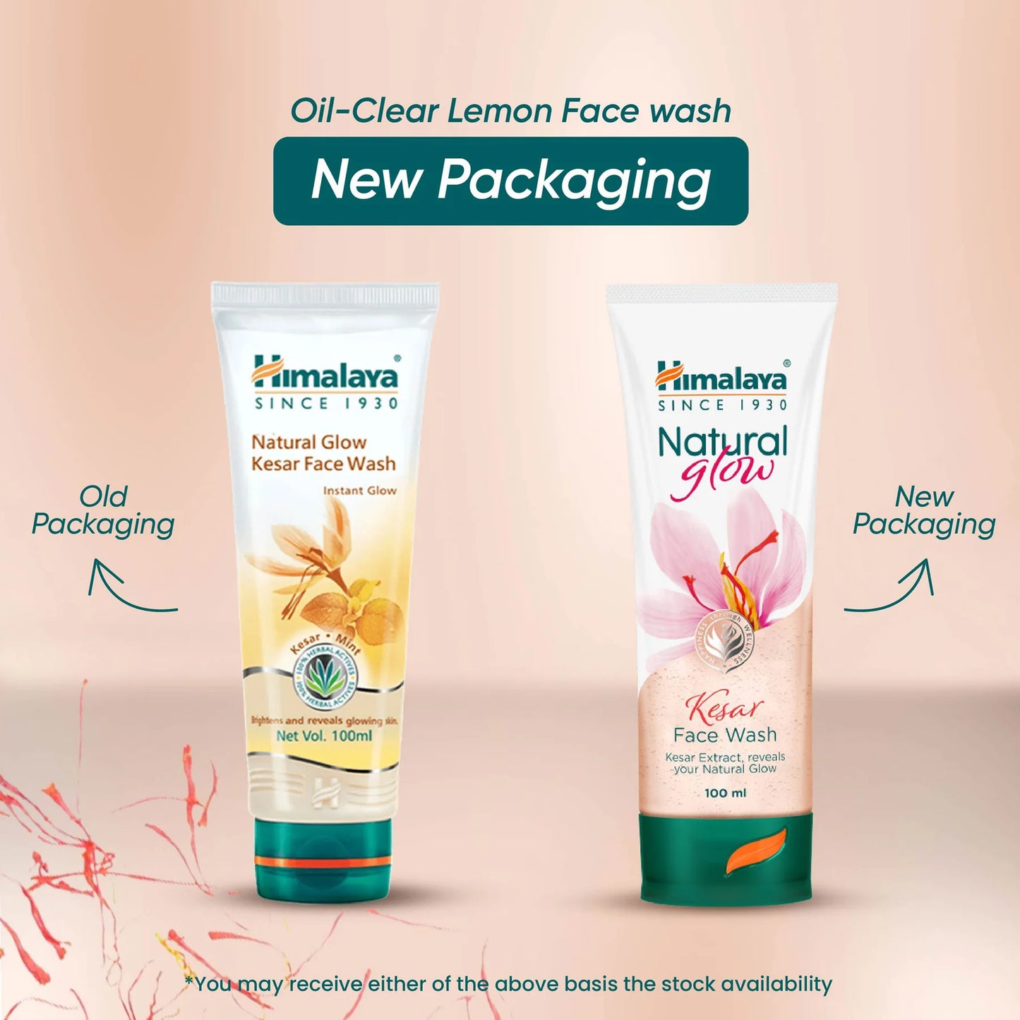 Himalaya Kesar Face Wash with old and new packaging on a beige background