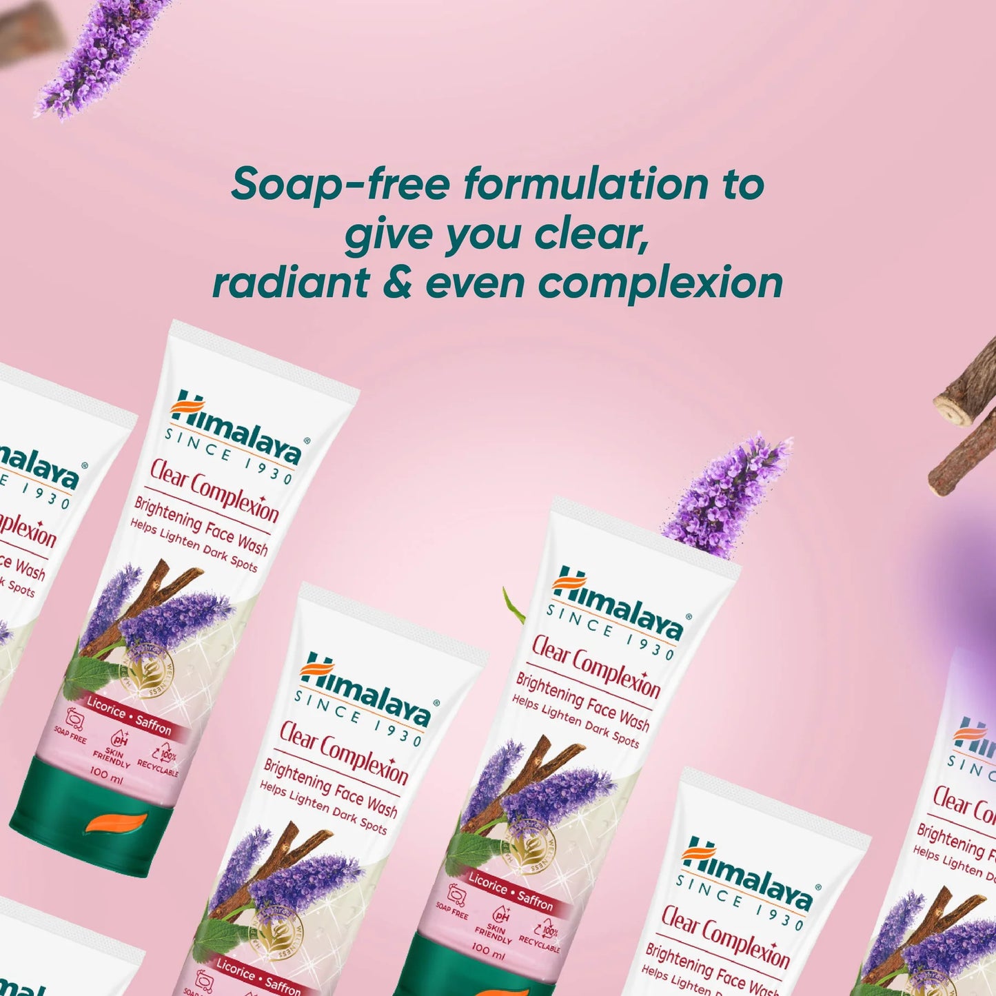 Himalaya Clear Complexion Brightening Face Wash packaging on a pink background with lavender and cinnamon.