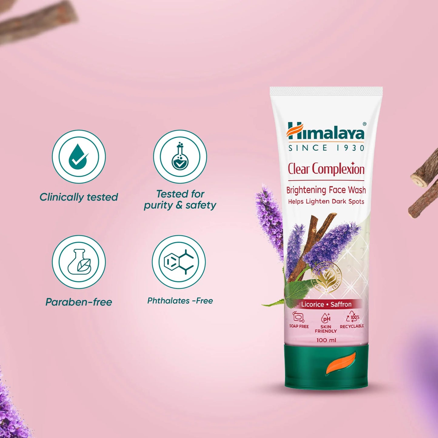 Himalaya Clear Complexion Brightening Face Wash tube on a pink background with product features listed.