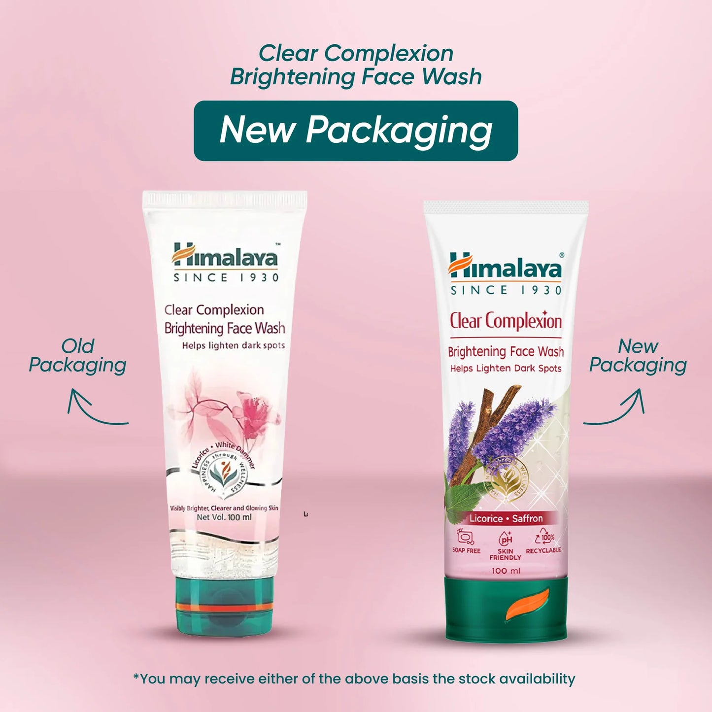 Himalaya Clear Complexion Brightening Face Wash with old and new packaging on a pink background