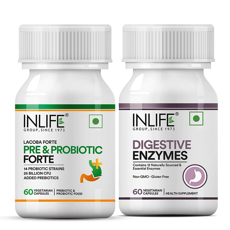 Inlife Prebiotic & Probiotics Forte + Digestive Enzymes | 25 billion CFU | Vegetarian Combo Pack Vegera