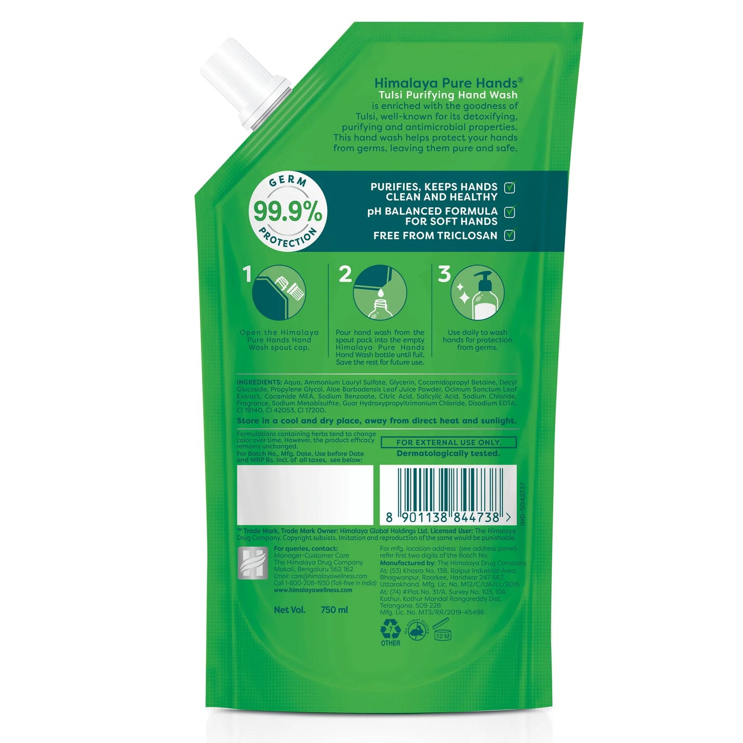 Green hand wash packaging with text and icons on a white background