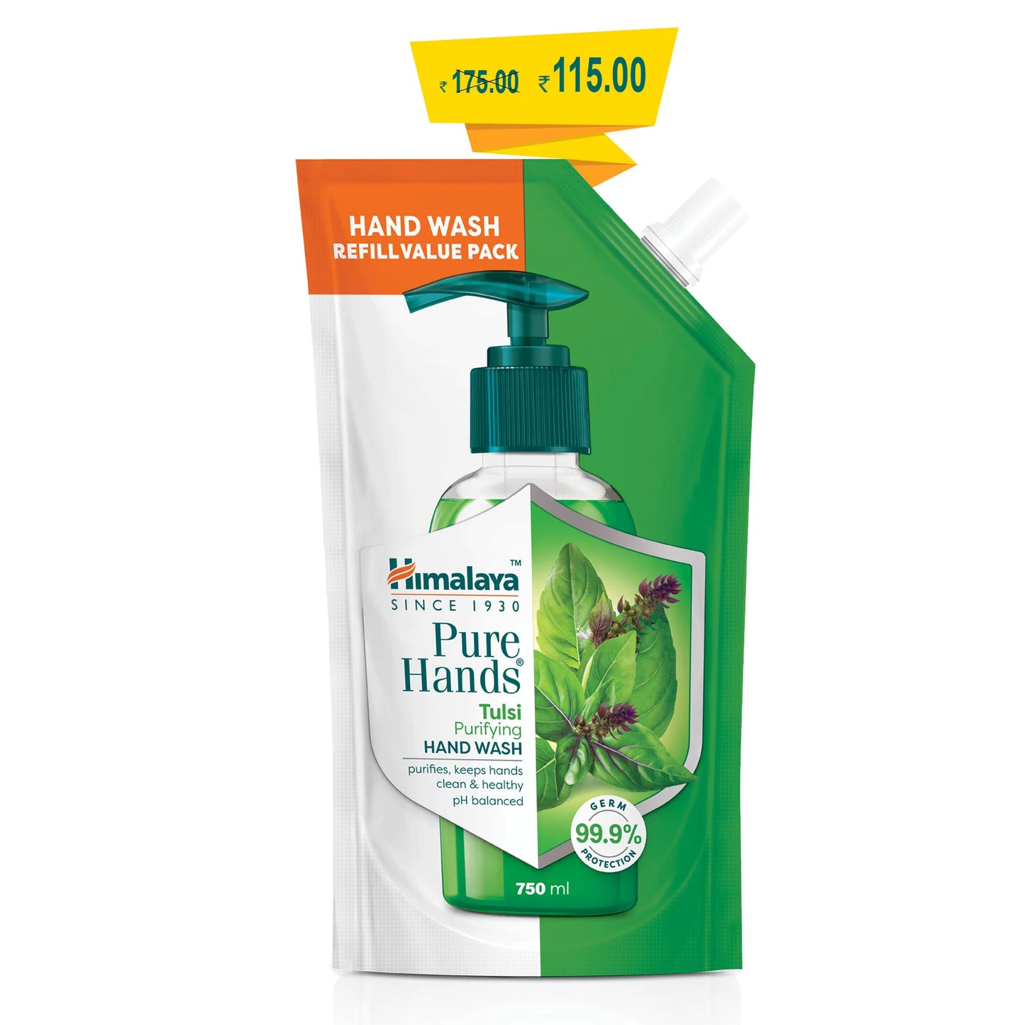 Himalaya Pure Hands Tulsi Purifying Hand Wash refill pack with price tag on a white background