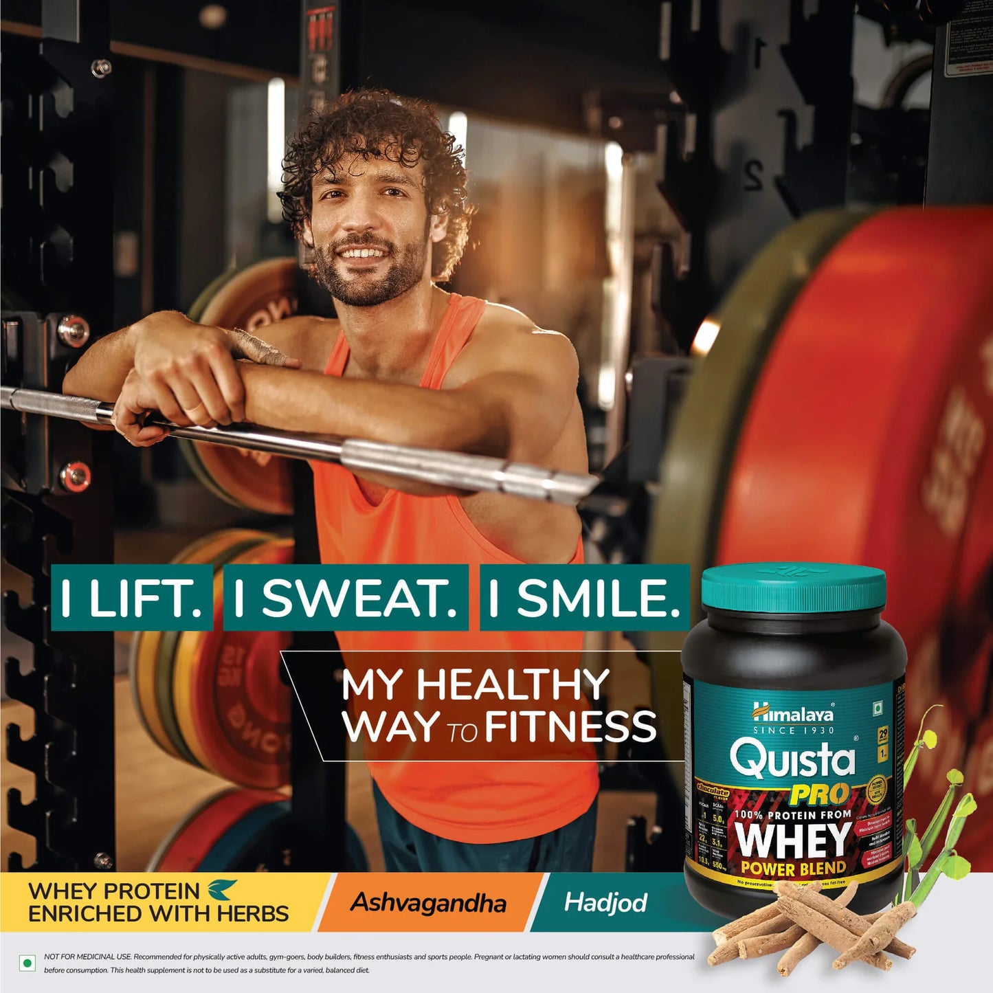 Man in a gym holding a barbell with a Quista Pro Whey protein supplement in the foreground.