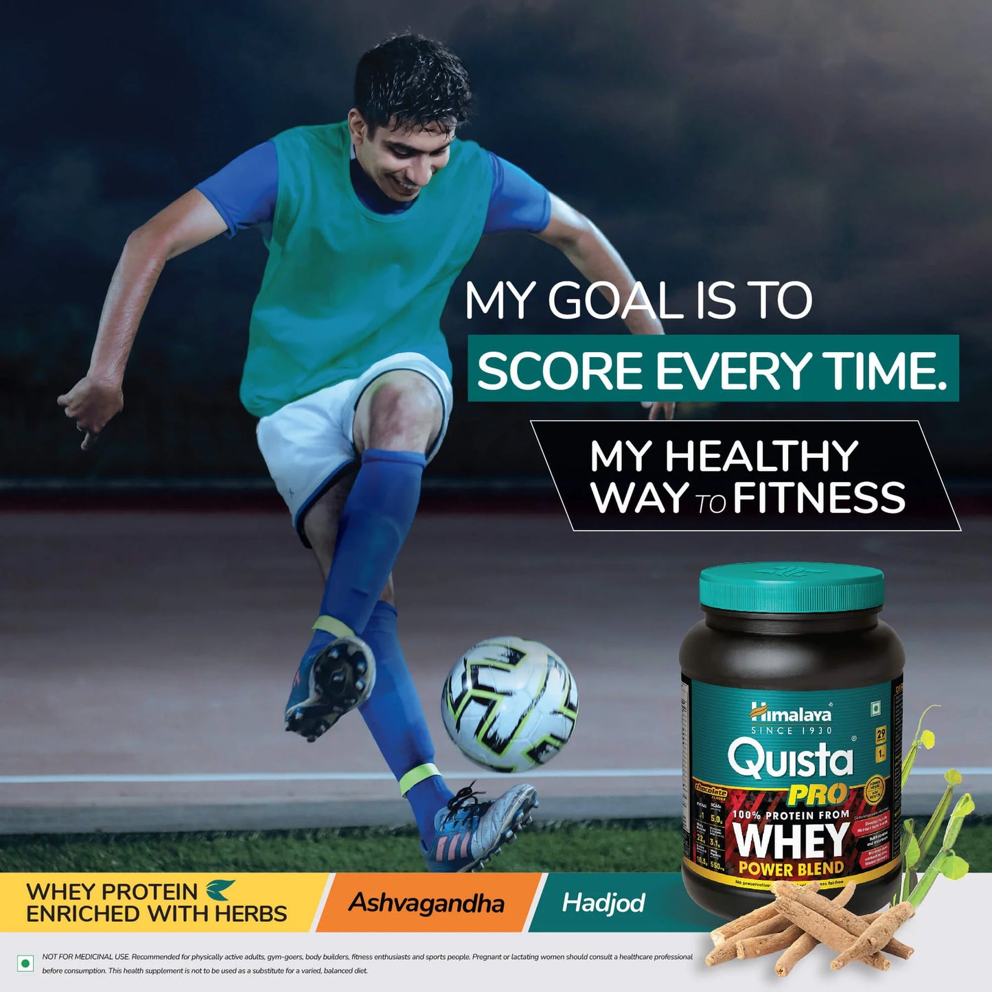 Person playing soccer with a Quista Pro whey protein supplement bottle in the foreground.