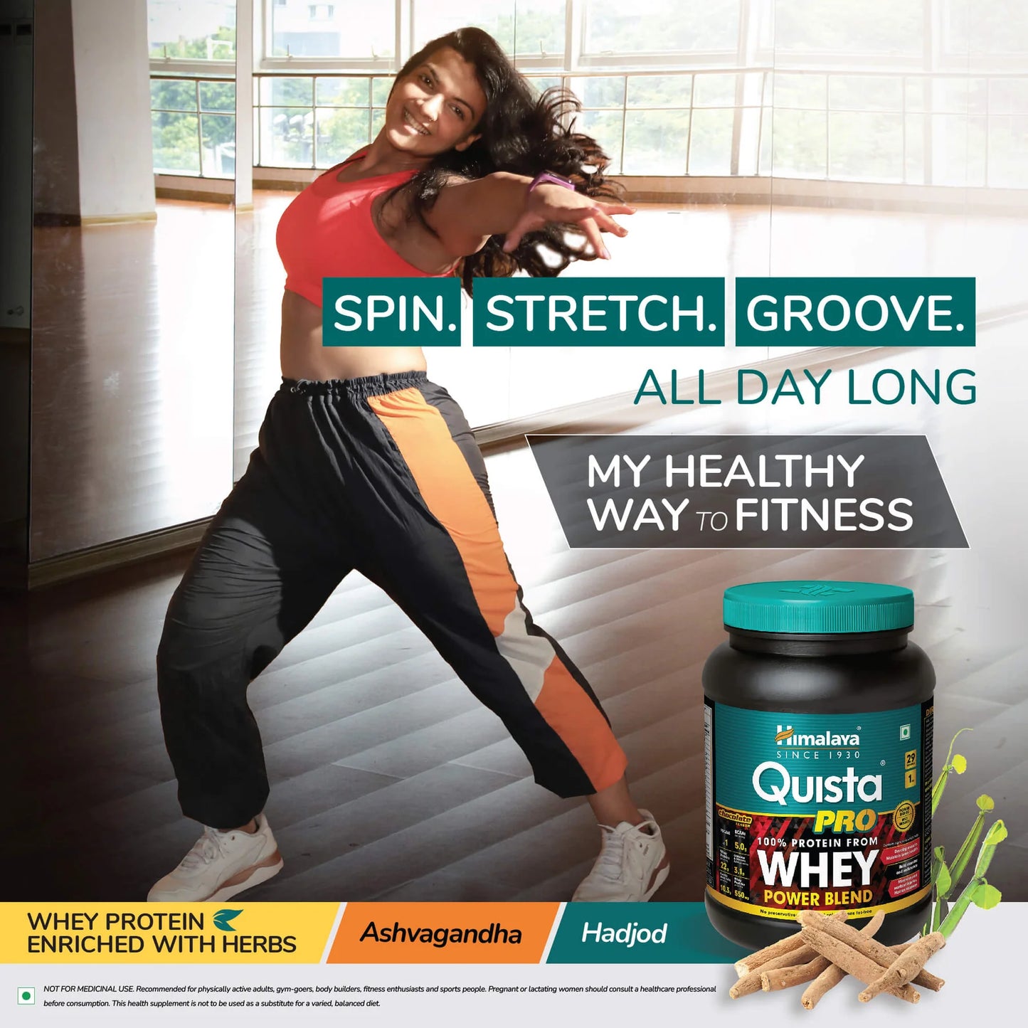 Woman exercising with Quista Whey protein supplement in foreground