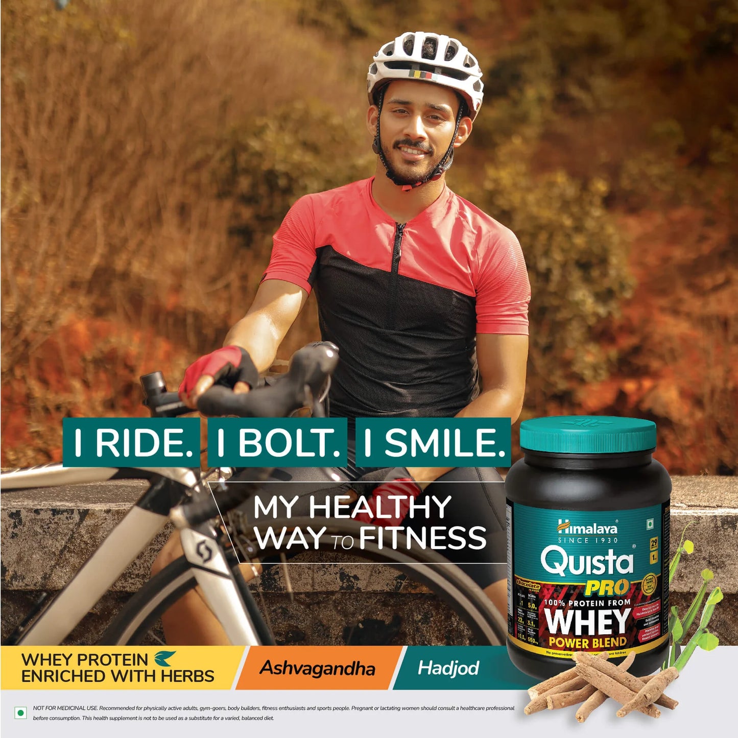 Man with bicycle and Quista Pro whey protein supplement bottle on a natural background