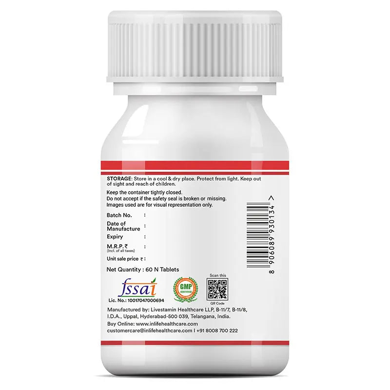 Inlife Chelated Iron Folic Acid Supplement with Vitamin C, E, B12, Zinc & Selenium 60 Tablets